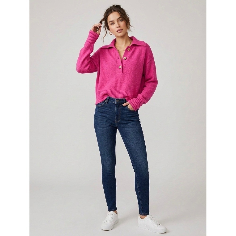 Free People Hot Pink Polo Collar Button Up Knit Sweater Small OB1543787